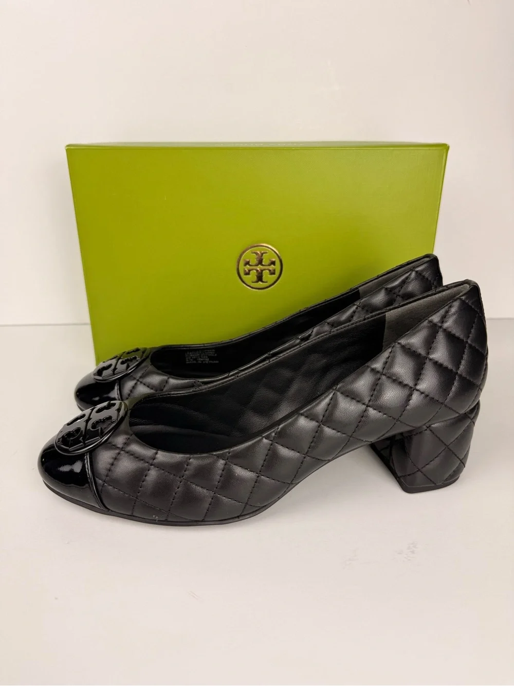 Tory Burch Chelsea 50mm Quilted Pumps Black Leather Patent Cap Toe Block Heels